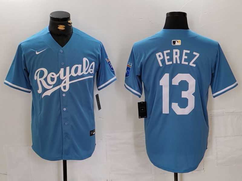 Mens Kansas City Royals #13 Salvador Perez Light Blue Cool Base Stitched Jersey